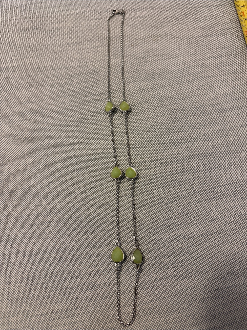 Layered Silver Necklace with Lime Green Teardrop Stones